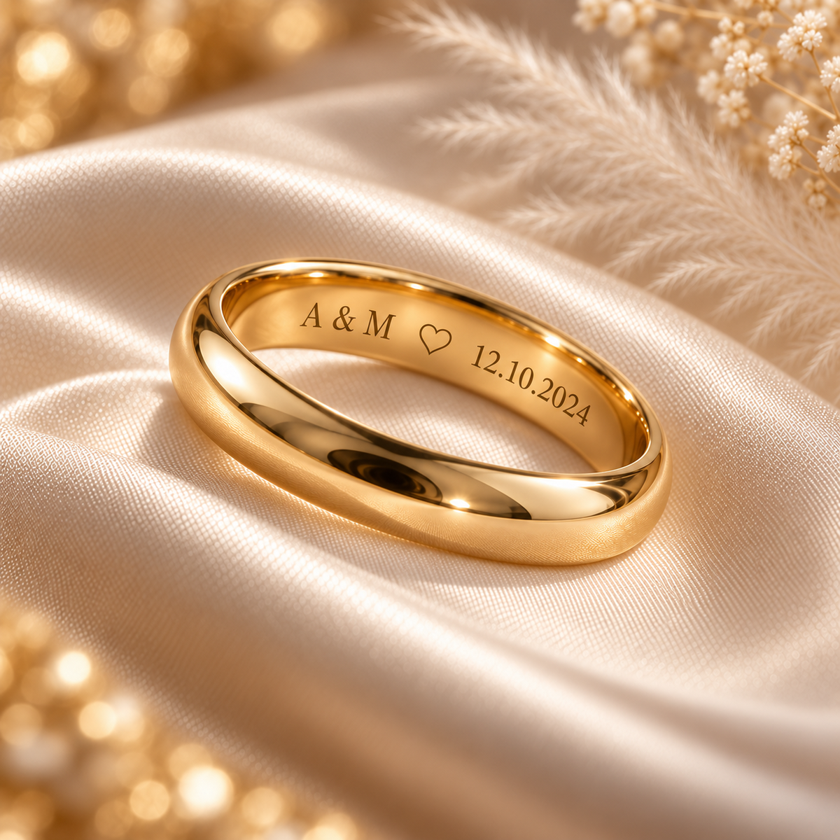 4mm domed yellow gold wedding band worn on a woman's ring finger