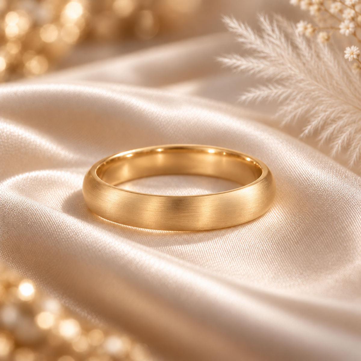 Close-up of a polished 4mm domed yellow gold wedding band on champagne satin