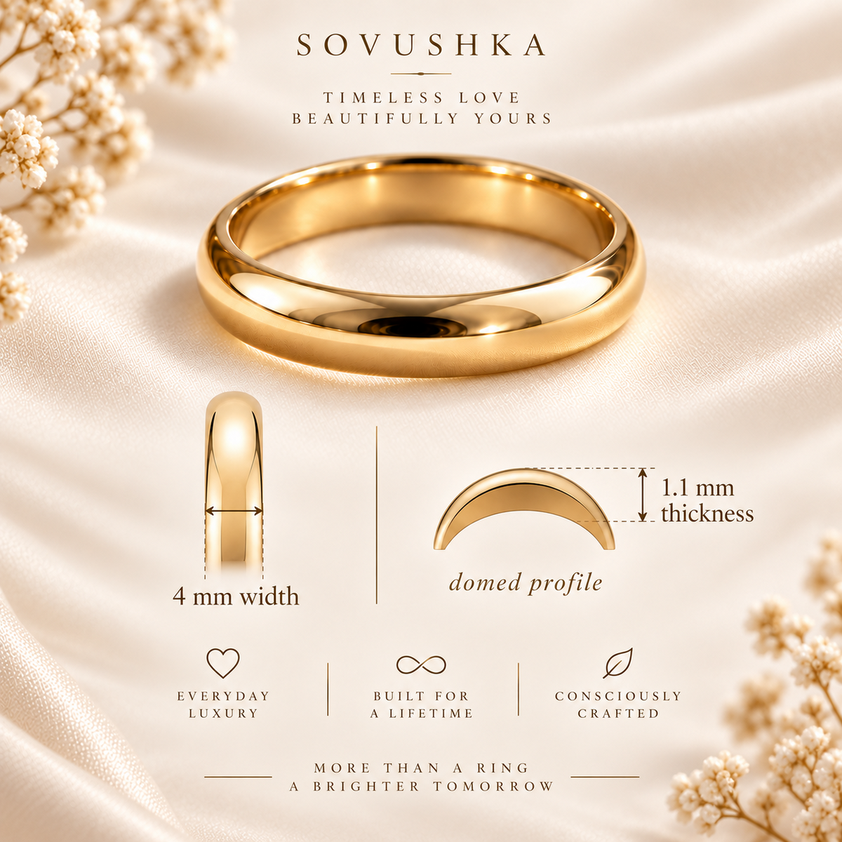 4mm domed yellow gold wedding band with a matte brushed finish on champagne satin