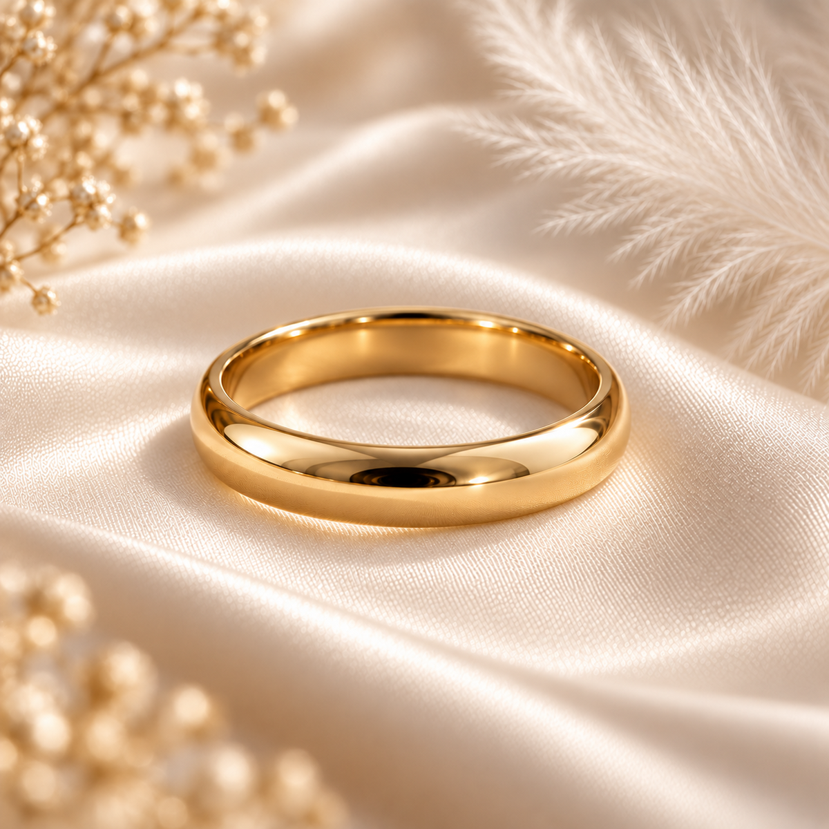 4mm domed yellow gold wedding band in polished finish on champagne satin