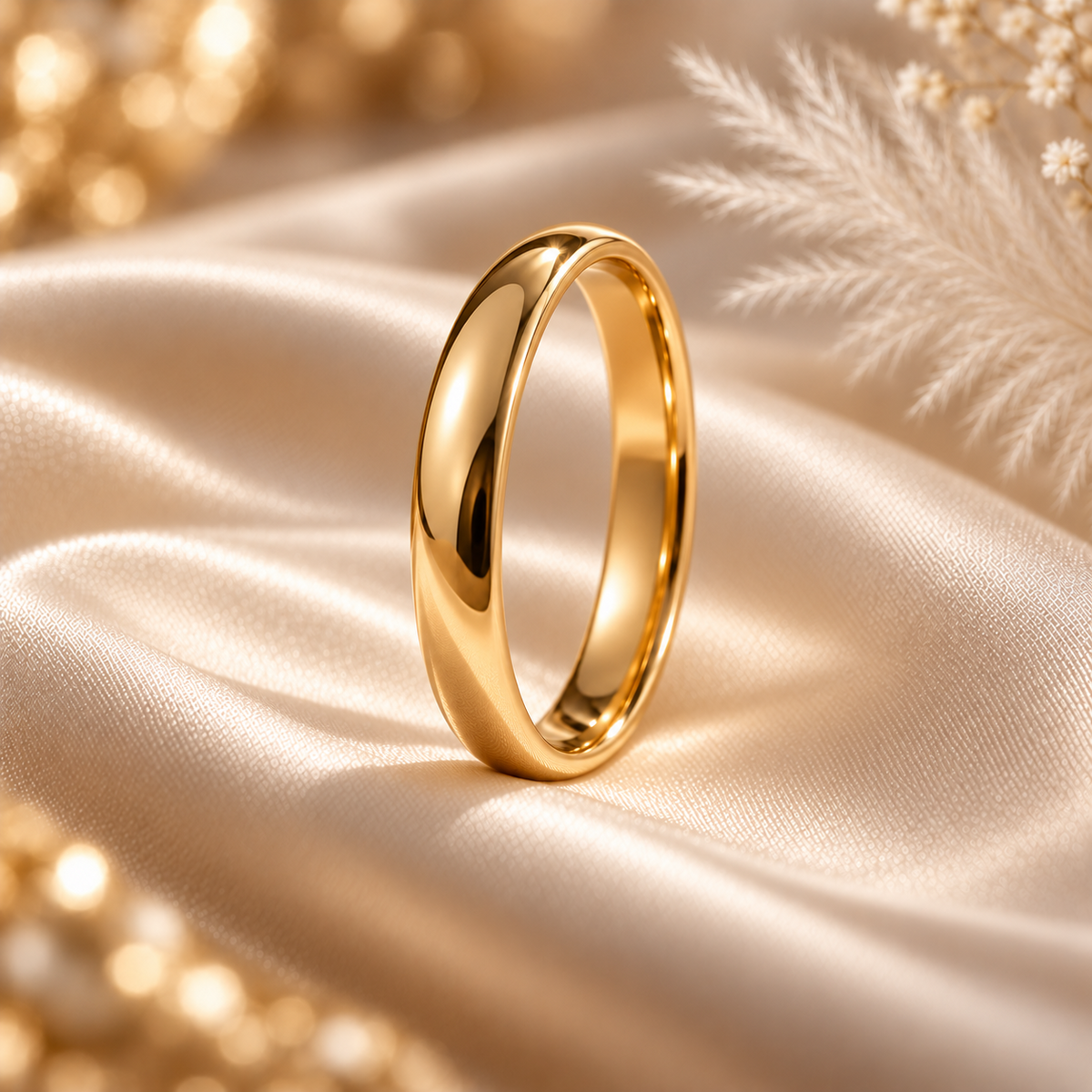 4mm domed yellow gold wedding band shown upright to display rounded profile