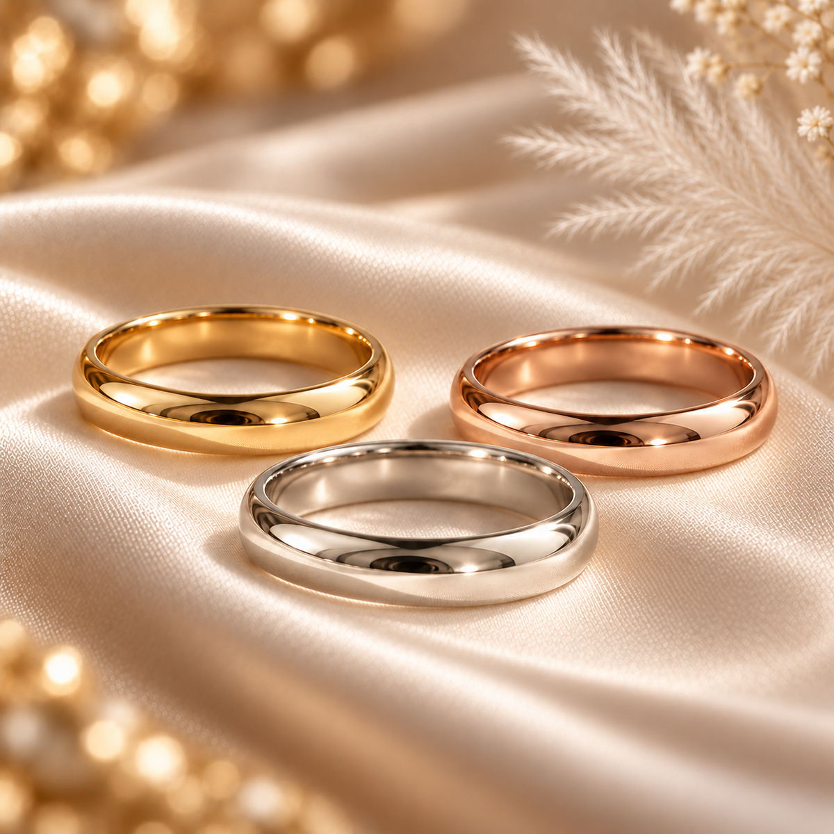 4mm domed wedding bands shown in yellow gold, rose gold and white gold